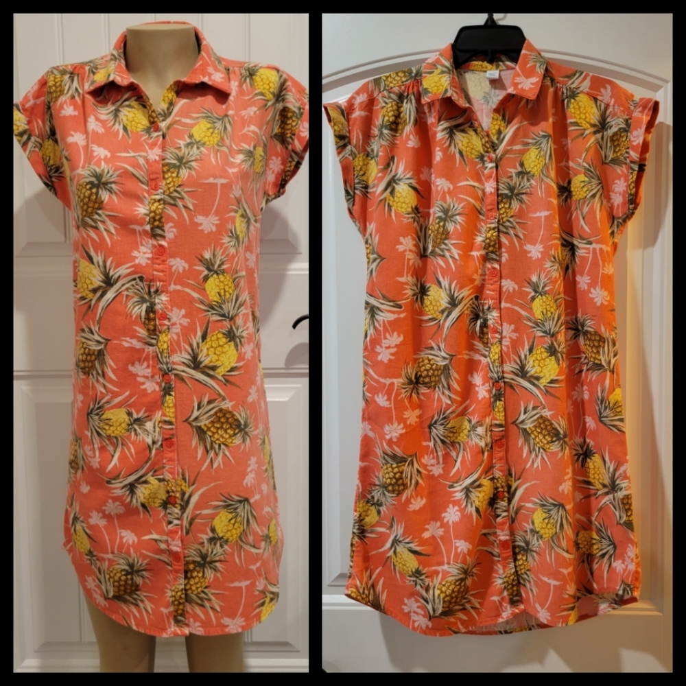 Old Navy pineapples palm trees linen shift shirt dress Small